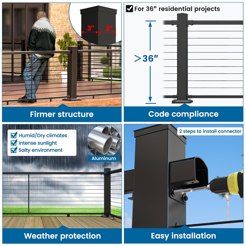 Muzata Cable Railing Post Aluminum Post 39"x3"x3" Undrilled Top Mount