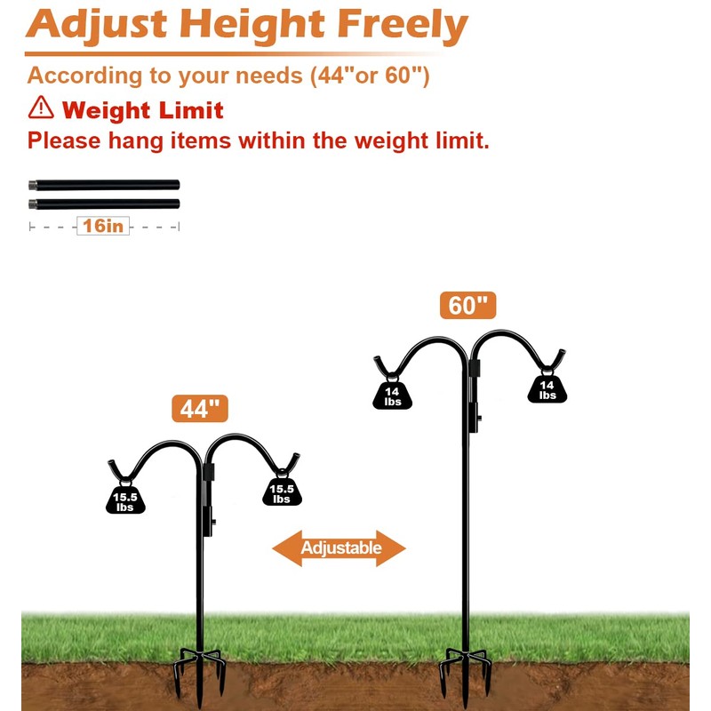 60 Inch Double Shepherds Hook for Outdoor with 5 Prong