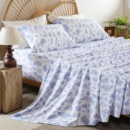 Herbs Ferns Printed Twin Sheet Set - Soft Boho Botanical Rustic Pattern Bed Sheets, Microfiber Bedding & Pillowcases, Oeko-Tex, Wrinkle Free, 3 Piece Blue White (Twin Size)