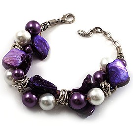 Avalaya Faux Pearl & Shell - Composite Silver Tone Link Bracelet in Purple/Violet/White - 17cm Long/ 4cm Ext - Size M
