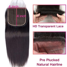 Selina Hair Straight 4x4 Lace Closure Human Hair Brazilian Virgin Hair Free Part Preplucked Baby Hair with Natural Hairline Natural Black Color 8 Inch
