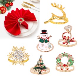 Minicoco Christmas Napkin Rings 6 Pcs Christmas Alloy Napkin Ring Holder Golden Napkin Rings Xmas Napkin Rings Holder Christmas Tree Napkin Rings Christmas Napkin Buckle for Xmas Party Supplies