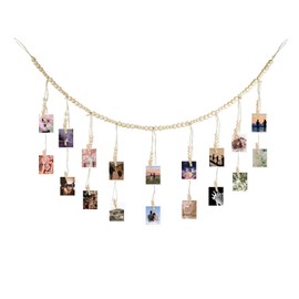 LuckyOpt Hanging Photo Display, Boho Photo Wall Display with Clips and Wooden Beads, Photo Hanging String and Pegs Photo Hanging Rope for Home Office Dorm Decoration (B)