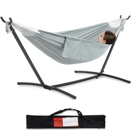 PNAEUT Double Hammock with Space Saving Steel Stand 2 Person Heavy Duty Garden Yard Outdoor 450lb Capacity Hammocks and Portable Carrying Bag (Gray)