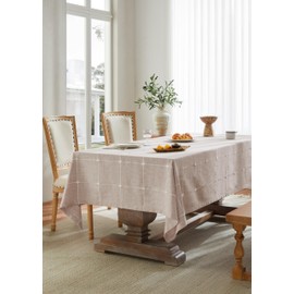 ZeeMart Grid Embroidered Rectangle Hemmed Tablecloths 52x70in, Taupe