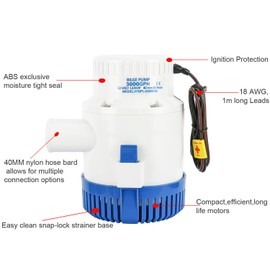 DasMarine 3000 GPH 12v Boat Marine Plumbing Electric Bilge Pump 1 1/2"(40MM) Outlet 12 AMP 15 AMP Fuse