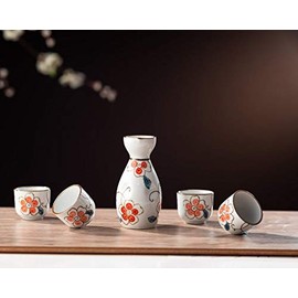 TJ Global 5-Piece Sake Set, Durable Ceramic Japanese Sake Set with 1 Carafe/Decanter/Tokkuri Bottle and 4 Ochoko cups for Hot or Cold Sake at Home or Restaurant - White with Red Flowers