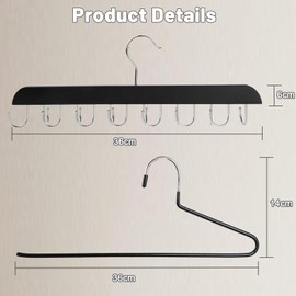 Belt Hanger, 360° Rotatable Wooden Belt Organiser, Tie Holder with 14 Hooks, Wardrobe Accessories for Belts, Tank Tops, Scarves, Bras, Bags, Comes with 2 Z-shaped Trouser Hangers, Black