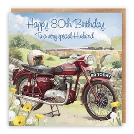Hunts England - Large 80th Husband Birthday Card - To A Very Special Husband - Classic Motorcycle - Stunning Artistic 80th Birthday Card - Milo's Gallery - 210 x 210 mm