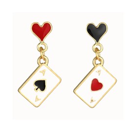 MALOYANVE Asymmetric Clock Poker Dangle Earrings Creative Playing Cards Red Hearts A Long Pentagram Alarm Clock Drop Earrings for Women Birthday Gambling Casino Jewelry Gifts (Red Poker)