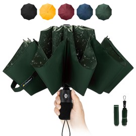 Chakipee Travel Windproof Strong Compact Umbrella - 10 Ribs Green Portable Umbrella for Men and Women - Inverted Folding Automatic Umbrellas for Wind and Rain, 210T Fabric 105cm Span