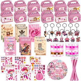 PikaLitryn 127PCS Cowgirl Party Favors, Goodie Bags Stuffers for Kids with Favor Boxes Pocket Notebook Keychain Rubber Bracelets, Horse Western Stuffers for Cowgirl Birthday Party Decorations