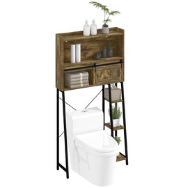 HOMCOM Over The Toilet Storage Cabinet, Freestanding Over Toilet Bathroom Organizer with Sliding Door, 3 Storage Compartments and 4 Open Shelves, Rustic Brown