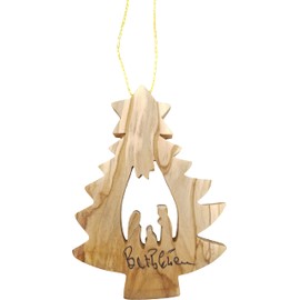 Holy Land Olive Wood Hanging Ornament from Israel, Pine Tree with Christmas Nativity, 3" Wooden Christmas Tree Ornament with Golden String