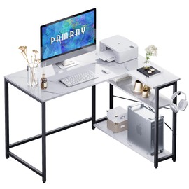 Pamray 43 Inch L Shaped Computer Desk with Reversible Side Storage Shelves, Small Corner Desk for Small Space Home Office,Writing Study Table PC Desk for Bedroom,White Marble