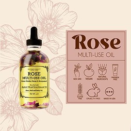 Rose Multi-Use Oil for Face, Body and Hair - Organic Blend of Apricot, Vitamin E and Sweet Almond Oil Moisturiser for Dry Skin, Scalp and Nails - Rose Petals, and Bergamot Essential Oil - 120ml