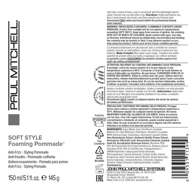 Paul Mitchell Foaming Pommade, Pomada, Antifrizz, Fijación Ligera, Para Cabello