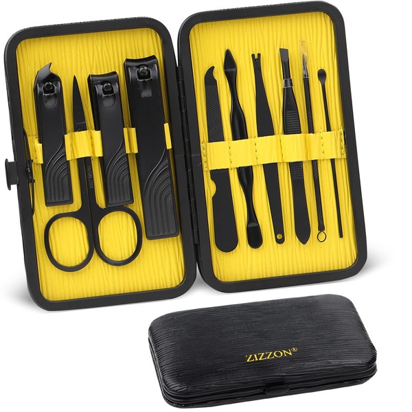 ZIZZON Travel Mini Manicure set Nail Clipper set 10 in 1 Stainless Steel Pedicure Care Grooming kit with Case(Black/Yellow)