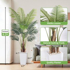Artificial Palm Tree，6.2FT Fake Tree with White Tall Planter,Faux Areca Palm Tree,Tall Faux Plant with Lifelike Leaves for Home Office Living Room Modern Decoration