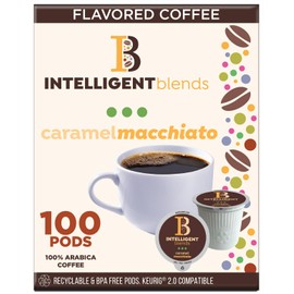 Intelligent Blends Caramel Macchiato Coffee Pods, 100ct. Solar Energy Produced Recyclable Single Serve Caramel Flavored Coffee Pods - 100% Arabica Coffee California Roasted, KCup Compatible