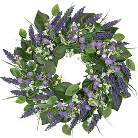 Lavender Wreaths for Front Door, Spring Summer Wreaths for Front Door 20 inch Artificial Farmhouse Wreaths with Wildflowers Greenery Purple Floral Door Wreath for Indoor Outdoor Wall Window Decor
