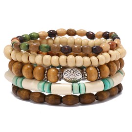RUICHING Boho Beaded Bracelets, Wooden Bead Bracelet, 5PCS White Multi-layer Bracelet Hippy Accessories Gifts for Women Men