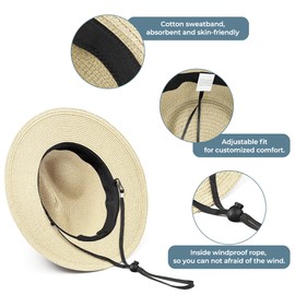 Sun Hat Straw Fedora Hats for Men Women Beach Hat Panama Hat Men Wide Brim Summer Hats UPF80+ Beige