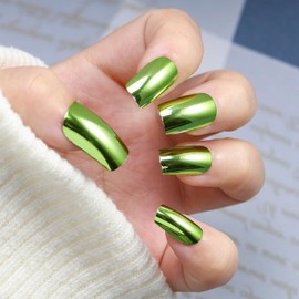 EternalClassic Green Chrome Press on Nails Short Square Mirror Metallic Press on Nails Chrome Fake Nails, Chrome Nails Press on 24Pcs Glue on Nails Glossy Stick on Nails for Women
