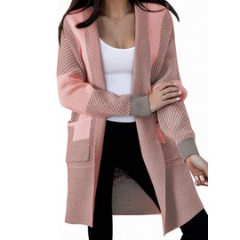 Astylish Plus Size Long Sleeve Cardigan Tops for Women Striped Patchwork Knit Open Front Casual Fall Sweaters Business Work Winter Outwear Light Pink X-Large