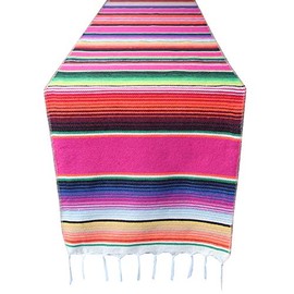 Mexican Serape Table Runners for Mexican Theme Party, Cinco de Mayo Fiesta Party, Day of Death Decorations, Falsa Classic Striped Fringe Pattern Cotton Blanket, Pink,14x84 inches