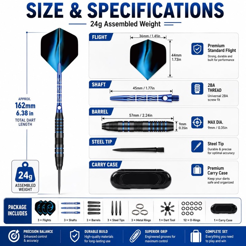 WayArrival Steel Tip Darts 24g, 3 Pack with Case and
