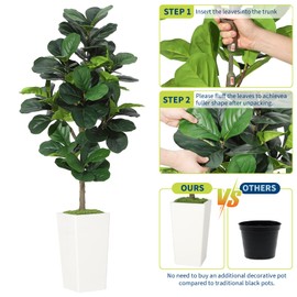Artificial Fiddle Leaf Fig Tree - 6FT Fake Fig Tree in White Planter - Faux Ficus Lyrata Floor Plant for Home, Office, Living Room Decor - Realistic Fake Indoor Tree