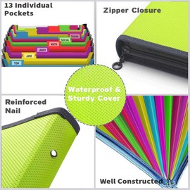 Vanulee Expanding File Folder, Accordion Document Box File Organiser with 13 Multicolour Pockets and Tabs,A4 Paperwork Filing Folders, Green