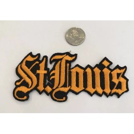 Unbranded VINTAGE IRON ON EMBROIDERED ST. LOUIS  PATCH.  4”x 2" GOLD -BLACK TRIM