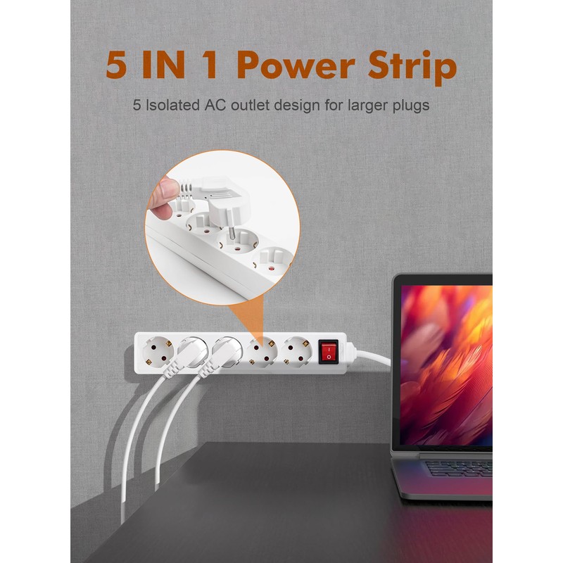 GRIFEMA Power Strip 5-Way Multiple Socket with Switch, 3500 W,