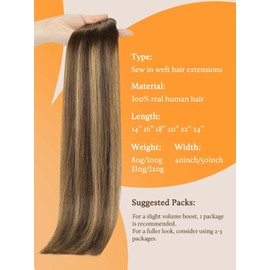 DOORES Sew in Hair Extensions Real Human Hair, Balayage Chocolate Brown to Caramel Blonde 24 Inch 120g, Remy Weft Full Head Long Straight Sew in