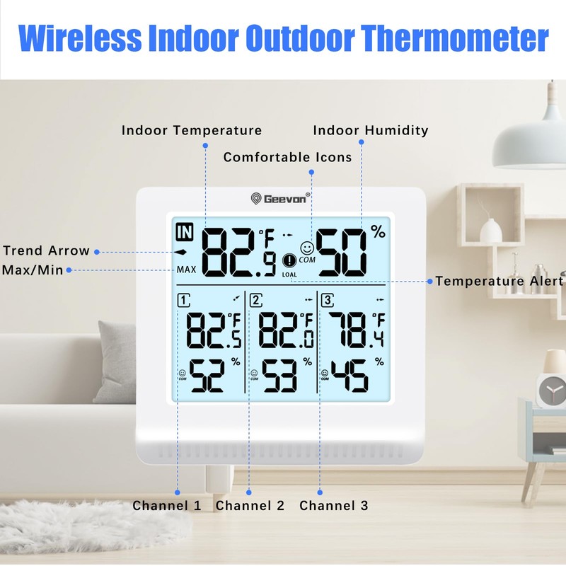 Geevon Indoor Outdoor Thermometer Wireless with 3 Remote Sensors, Digital