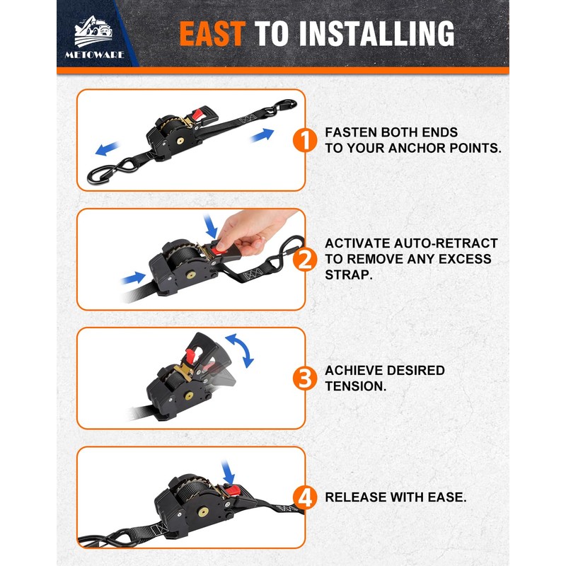 METOWARE Retractable Ratchet Straps (4-Pack) - 1" x 10' (1500lb