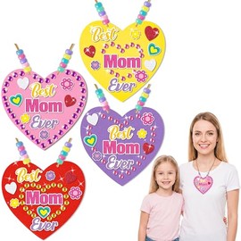 BeYumi Mom Necklace Craft Kit - 24Pcs Mother's Day DIY Foam Heart Best Mom Ever Necklace Making Kit With Gem Sticker DIY Thank You Craft for Kid Home School Classroom Family Party Favor Fun Activities