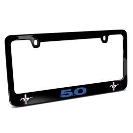 iPick Image for - Ford Mustang GT 5.0 in Blue Dual Logos Black Metal License Plate Frame
