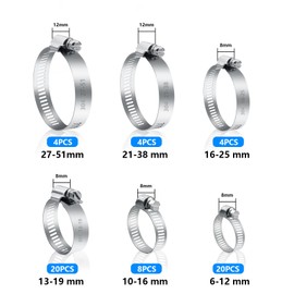 60 Pcs Stainless Steel Hose Clamps, 6-51mm Adjustable Hose Clips Set, Jubilee Clips Assorted, Worm Drive Pipe Clip, Screws Clamps for Automobile Gas Water Pipe Tube