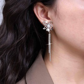 Inateannal Rhinestone Flower Tassel Earrings Silver Long Crystal Chain Earrings Pearl Flower Stud Earrings CZ Flower Dangle Earrings Hollow Petal Earrings Jewellery for Women and Girls, Zinc, No