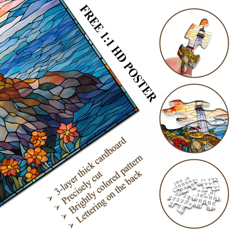Stained Glass Lighthouse Puzzles for Adults 1000 Piece, Mosaic Beach