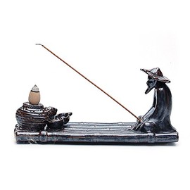 ornerx Ceramic Incense Burner Holder Backflow Ash Tray with Fishing Man Figurine for Sticks