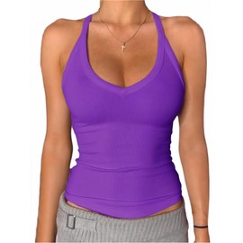 Danysu V Neck Racerback Tank Top for Women with Built in Bra Ribbed Long Tank Fitted Basic Cami Tops Violet S