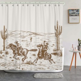 Faitove Western Cowboy Shower Curtain Set 4 PCS with Rugs, Toilet Lid Cover and Bath Mat, Vintage Wild Horse Desert Cactus Shower Curtain Set for Bathroom Waterproof Polyester 72" X 72"