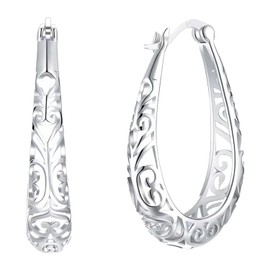 HUARJO 14K Gold Plated 925 Sterling Silver Post Oval Filigree Hoop Earrings for Women Girls Hypoallergenic Dainty Thick Gold Hoops Earrings for Jewelry Gifts, Sterling Silver, No Gemstone