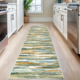 Lansny Modern Abstract Runner Rug 2.6x8, Green Orange Multi Washable Long Kitchen Runner Non-Slip Soft Hallway Rug Runner Thin Print Faux Wool Carpet for Entryway Bedroom Laundry Room Indoor