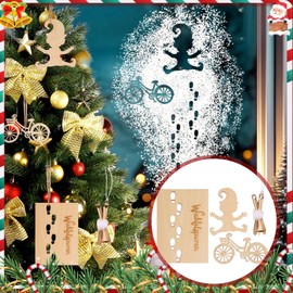 dcas Set of 4 Gnome Wooden Christmas Footprint Painting Stencils, Creative Set Gnome Door Footprints Accessories, Gnome Footprints Stencil with Sledge Rod Wooden Bicycle, for Floors, Windows, Door