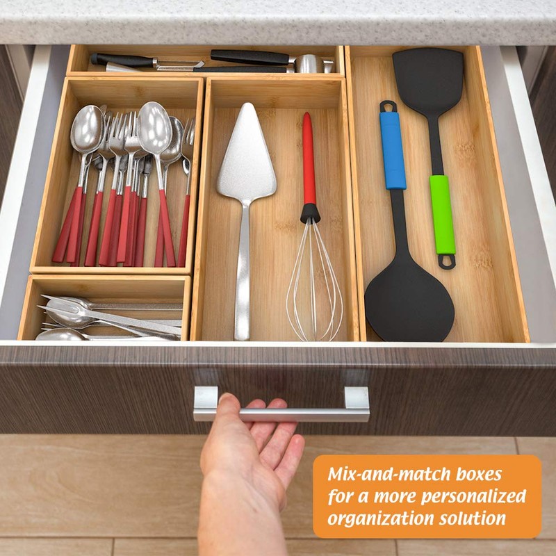 Bambloom Bamboo Kitchen Drawer Organizer, Wooden Storage Box for Utensil